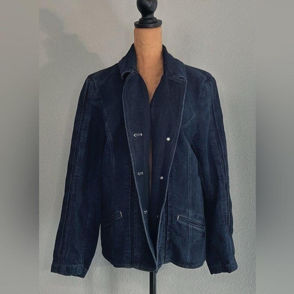 J. Jill Denim Blazer Women 16 Dark Blue Excellent Contrast Stitching Jacket